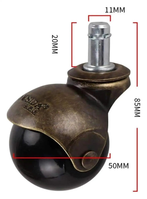 Slick Rolling Two Inch Ball Swivel Castor Wheels Vintage Brass Finish Sharp Stem for office chairs with measurements shown.