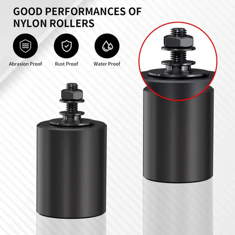 Close-up of nylon rollers from Heavy Duty Sliding Gate Roller Kit With 3 Inch Adjustable L Shaped Rear Post Bracket Universal Fit