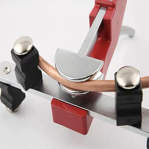Close-up of Copper Aluminum Tube Bender Kit With Ratcheting Pipe Bender for HVAC systems bending copper tubing.