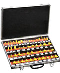 Heavy Duty 50 Piece Router Bit Set With 1/4 Inch Shank And Carbide Blades displayed in a sturdy case, showing various bit types.