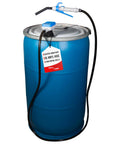 Heavy Duty Electric Def Drum Pump With Slick Flow Control Nozzle And Nine Point Eight Foot Vinyl Hose For Hassle Free Two Point Four Gpm Transfer. Image shows pump on a blue drum.