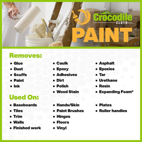 Heavy Duty Paint Cleaning Wipes 100 Count 15 by 10 Inches for Paint Prep and Cleanup Removes Paint Adhesive and Caulk Pro Grade Perfect for Painters Contractors Artists and DIY Enthusiasts displayed with usage and removal list