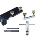 Top Shelf Aluminum Extrusion Tap Guide With Universal Multi Size Adapter For Precision Thread Tapping And Drill Jig Alignment Quick Install No Sweat Setup Hardcore Build with gold knobs and two drill bits.