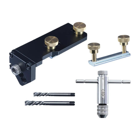 Top Shelf Aluminum Extrusion Tap Guide With Universal Multi Size Adapter For Precision Thread Tapping And Drill Jig Alignment Quick Install No Sweat Setup Hardcore Build with gold knobs and two drill bits.