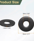 Premium Grade 304 Stainless Steel M6 Flat Washers In Matte Black With 18mm Outer Diameter And Precise 6mm Inner Diameter, showing size dimensions.