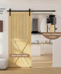 6.6FT/79.2" Sliding Barn Door Hardware Kit installed on 40" wooden door in kitchen, showing clearance needed, 150KG limit, door thickness fit
