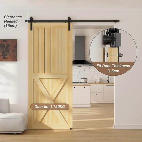 6.6FT/79.2" Sliding Barn Door Hardware Kit installed on 40" wooden door in kitchen, showing clearance needed, 150KG limit, door thickness fit