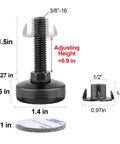 Heavy Duty Furniture Levelers Set 4 Pack Adjustable Leg Levelers With Beefy Base 1.75 Inch Steel Inserts 3/8-16 Thread Black