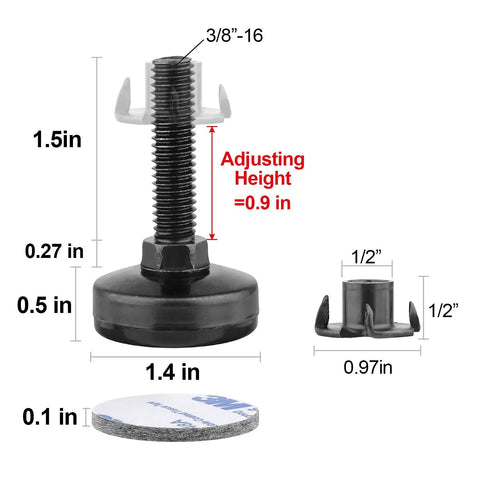 Heavy Duty Furniture Levelers Set 4 Pack Adjustable Leg Levelers With Beefy Base 1.75 Inch Steel Inserts 3/8-16 Thread Black
