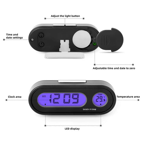 MEANLIN MEASURE digital car temperature and time clock; blue LED backlit display, pack of 2