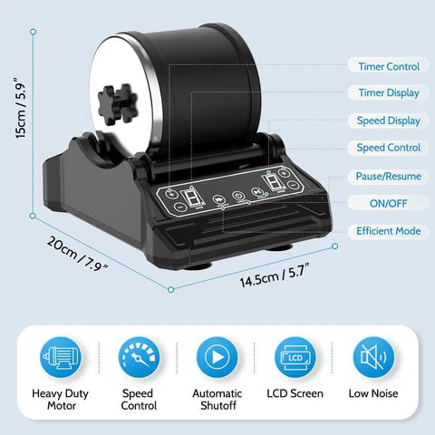 Totally Complete Gemstone Tumbler Kit For Adults And Kids LCD controls, dimensions displayed, showcasing features