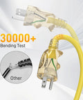 Close-up of the 25 Foot Heavy Duty Outdoor Extension Cord With Waterproof Weatherproof Build LED Lighted Outlet And Locking Receptacle 125V 15A 1875W 3 Prong SJTW Electrical Power Cord ETL Listed Yellow, showing plug design against bending with 30000+ test label.