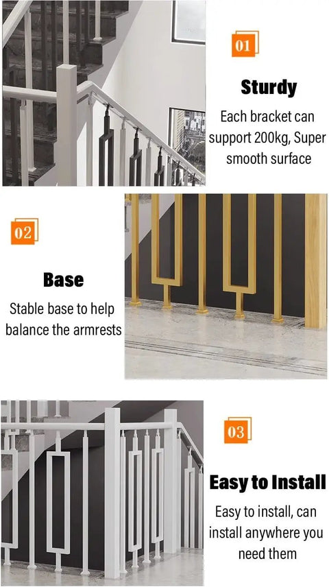Rock Solid White Banister Railing Kit For Indoor Stairs And Outdoor Deck Porch Baluster Spindle Set With Secure Floor Mount Screws Easy Peasy Setup 30 Pack displayed with sturdy brackets and stable bases.