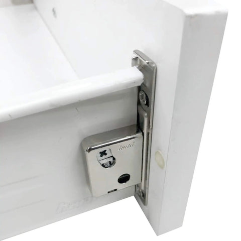 Heavy Duty Nickel Plated Steel Drawer Slide Brackets Clip On Front Fixing With Included Screws For No Sweat Cabinet Setup and Straight Up Reliable Drawer Glide Replacement Parts installed on a white drawer.