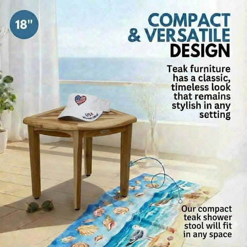 SnazzyCorner Waterproof Teak Shower Bench for inside shower space with curved edge for safety and organization, 18 inches tall.