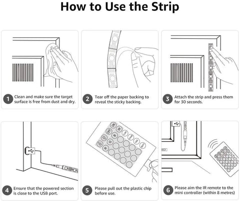 Step-by-step guide for installing Led TV Backlight Kit Plug And Play With USB Power 6.56Ft RGB Color Changing Lights Dope Remote Control.