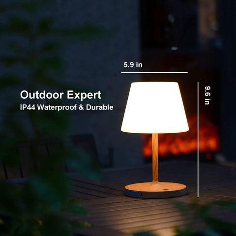 Cordless USB Rechargeable Table Lamp With 4000mAh Battery, 2700K Warm LED on patio table, IP44 Waterproof, PE Shade, 9.6in height
