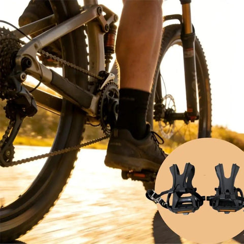 Cyclist on bike with Extra Wide Bike Pedals With Toe Clips And Straps, Nine Sixteenths Inch Oversized Platform for MTB and indoor cycling