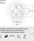 Diagram showing base of 2 Pack 9 Inch LED Flush Mount Ceiling Light, dimensions, and compatibility with junction boxes, no dimmer support.