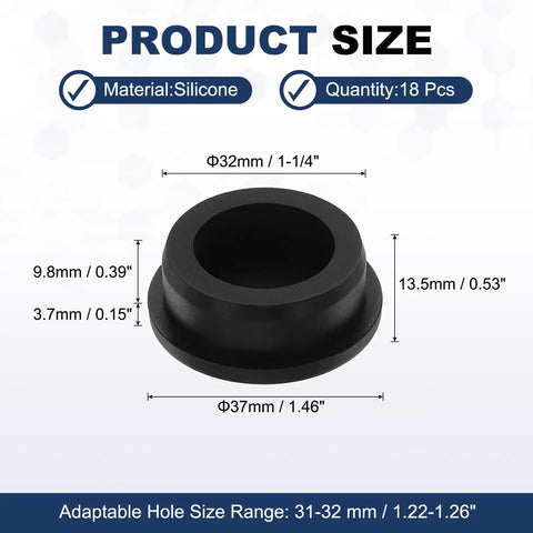Black 18Pcs T Shaped Silicone Plugs 32.3mm One And A Quarter Inch Dia with size details
