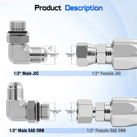 Half Inch JIC 37 Degree Flare to Half Inch SAE ORB 90 Degree Elbow Hydraulic Adapter Two Pack for High Pressure Systems SAE J514 J1926 Compatible Across Industrial Grade, 1/2 in elbow fittings