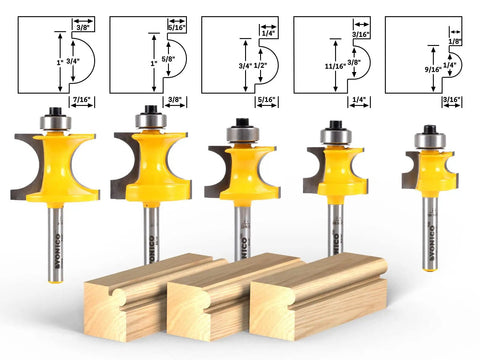 Bullnose Beading Router Bits Set With Five Bits One Quarter Inch Shank For Bead And Round Over Edges Premium Tungsten Carbide Blades