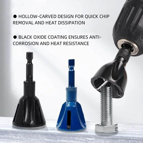 Two Piece External Deburring Chamfer Tool With Carbide Blades For Heavy Duty Deburring Of Damaged Screws Bolts And Fasteners Pro Grade Quick Release Hex Shank Drill Bit Style Burr Remover 3 Sixteenth Inch To One Inch Black, shown in multiple colors with a drill.