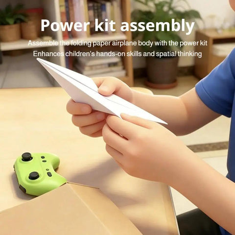 Child assembling paper airplane from Electric DIY Remote Control Paper Airplane Kit With Gyro Stabilizer Dual Propeller RC Glider