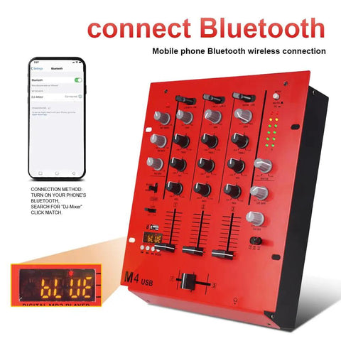 4 Channel DJ Mixer With Bluetooth And USB Audio Crossfader 3 Band EQ Gain Control And Cue Monitor with mobile connection display