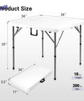 34 Inch Folding Square Card Table Portable Heavy Duty HDPE Fold In Half With Carrying Handle For Indoor Outdoor Use Party Ready Picnics Camping White Anytime with dimensions