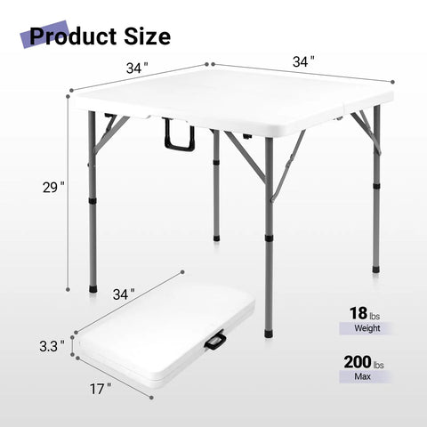 34 Inch Folding Square Card Table Portable Heavy Duty HDPE Fold In Half With Carrying Handle For Indoor Outdoor Use Party Ready Picnics Camping White Anytime with dimensions