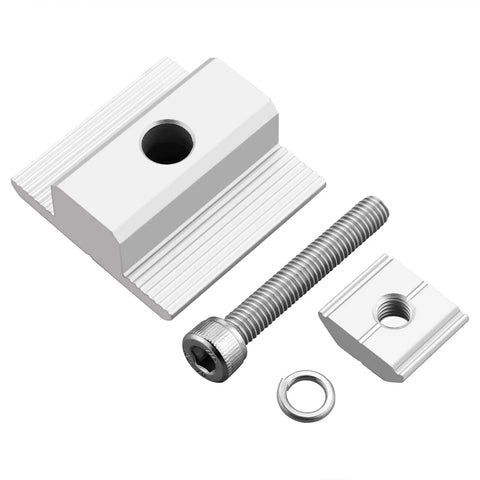 Heavy Duty Solar Panel Center Clamps Knockout Grip For 40mm Photovoltaic Rails Pre Drilled Dead Simple Install On Metal Tin Or Sheet Roofs With M8 Screws And Mounting Hardware 10 Pack with silver aluminum clamps and screws.