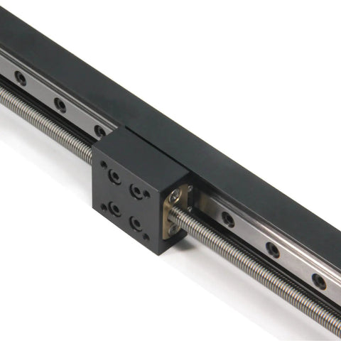 Close-up of Slick Mini Linear Rail Guide Slide Actuator 250mm Stroke With T6x1 Lead Screw And NEMA 11 Stepper Motor