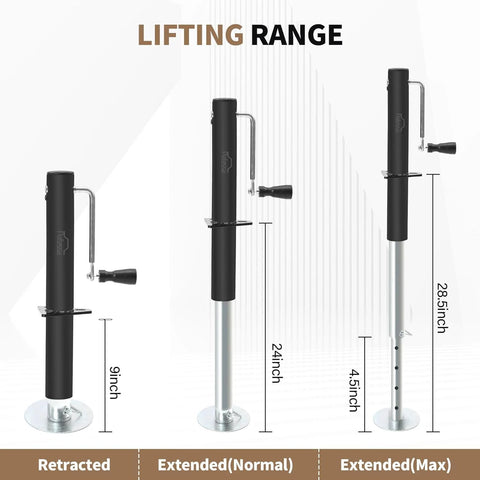 Pafessa USA RV side crank tongue jack, black body with silver post, for A-frame trailers