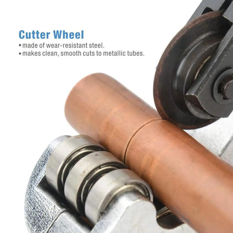 Copper Tubing Cutter For 3/16 To 1 1/4 Inch Tubes That Cuts Copper Brass Aluminum And Thin Wall Steel Smoothly With An Easy Grip Ergonomic Knob Includes Two Replacement Blades So You Roll Fast On CSST And Pipe Work