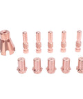 Brass electrodes, nozzles, and contact tips from Dope Welding Consumables Kit For 100L And Tweco Mini Guns on white background.