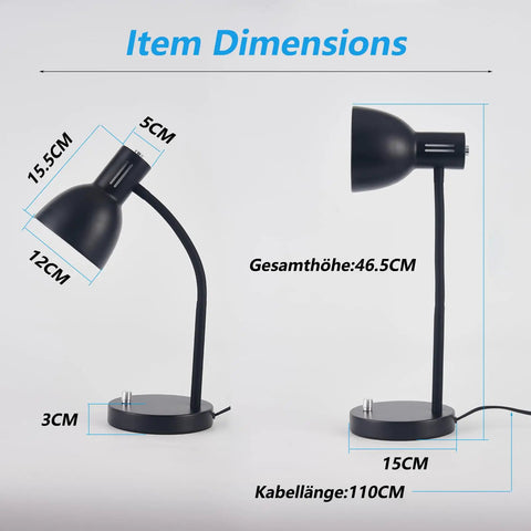 Flexible Gooseneck Desk Lamp With Dimmable 7W LED Bulb Included dimensions illustration, black lamp, UL certified base.