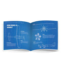 Rubber Band Aeroplane High Wing STEM Kit Lets You Fly Your Own Plane With A Handy Learning Booklet And Activities Battery Free For Indoor Or Outdoor Fun Includes Display Stand To Show Off Your Design Ages 14 Plus booklet open to blue airplane diagrams