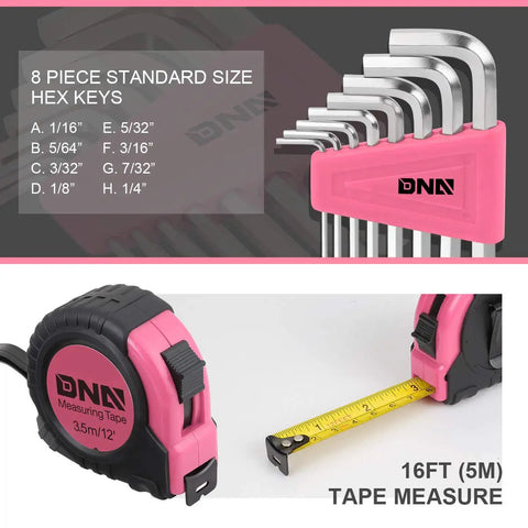 Close-up of pink hex keys and tape measure from 39 Piece Portable Car And Home Emergency Tool Kit with Storage Case.