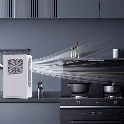 Stand Up Portable Air Conditioner With Ductless Cooling And Multi Layer Oil Control Filter For Bedroom Or Office Whisper Quiet Swamp Cooler in kitchen, cooling airflow visible.