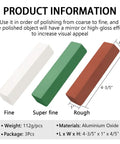 Three Pack All In One Buffing Polishing Compounds Kit With Green Fine White Medium Red Coarse 12 Oz Each For Metal Polishing And Mirror Finish On Stainless Steel Iron Aluminum And More, showing size and materials