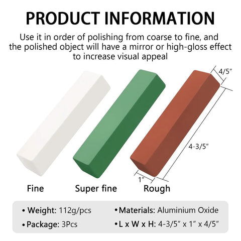 Three Pack All In One Buffing Polishing Compounds Kit With Green Fine White Medium Red Coarse 12 Oz Each For Metal Polishing And Mirror Finish On Stainless Steel Iron Aluminum And More, showing size and materials