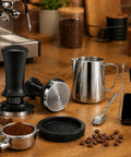 Badass Six Piece Espresso Tamper Kit With Adjustable Calibrated Head Precision Distributor And Wdt Tool, includes steel pitcher and tamper.