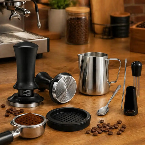 Badass Six Piece Espresso Tamper Kit With Adjustable Calibrated Head Precision Distributor And Wdt Tool, includes steel pitcher and tamper.