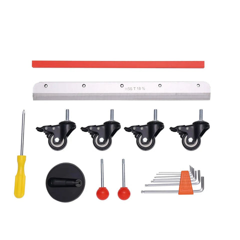 VEVOR 13 Inch Electric Paper Cutter, Desktop Trimming Blade Machine parts including blade, wheels, and tools for easy setup.