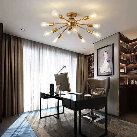 Rock A Killer Look With This Ten Light Gold Sputnik Chandelier Mid Century Modern Semi Flush Mount Ceiling Light In Brushed Brass Finish