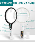 Large Magnifying Glass With 37 LED Lights, 10X 20X 45X Handheld Illuminated Magnifier, front view showing features.