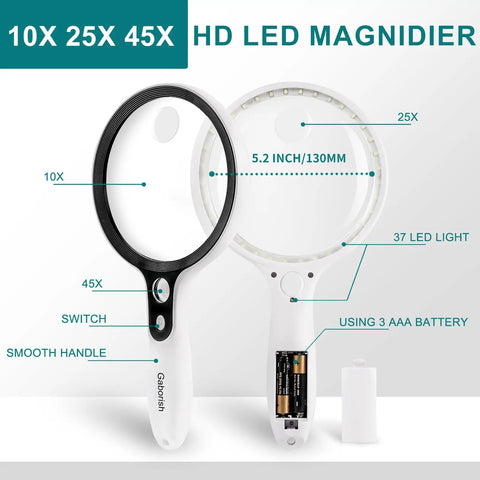 Large Magnifying Glass With 37 LED Lights, 10X 20X 45X Handheld Illuminated Magnifier, front view showing features.