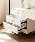 White dresser with open drawers featuring 10 Pack Gold Cabinet Knobs For Dresser Drawers And Kitchen Cabinets Brushed Brass Modern Round Zinc Alloy Hardware Handles With Two Standard Screws For Easy Install.