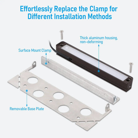 Easy Install 7 Inch LED Hardscape Light with 5CCT adjustable output, removable base plate and surface mount clamp shown